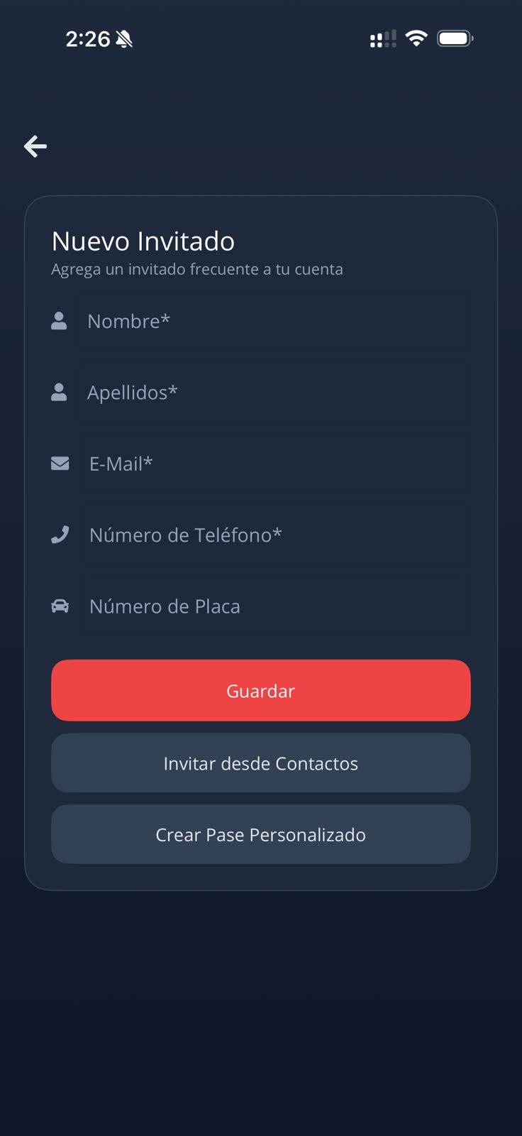 Captura de la app de NUAccess en iOS: formulario Nuevo invitado con campos vacíos